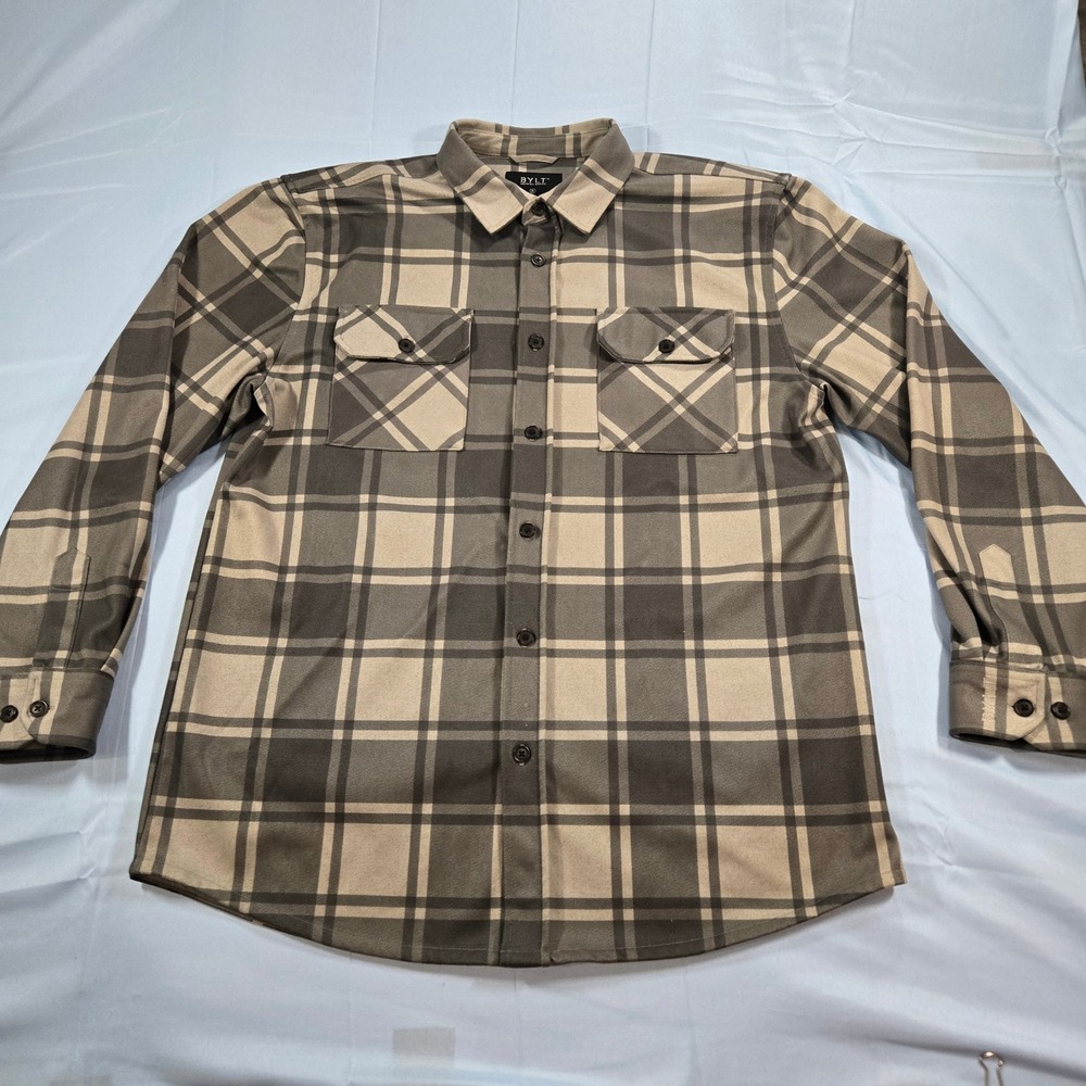 Bylt Premium Basics Mens XL Plaid Flannel Shirt Grey Tan Stretch Button Down